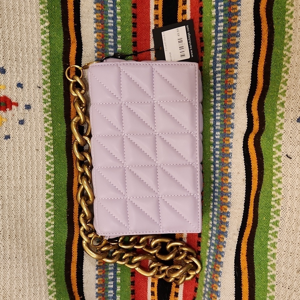 Vegan Leather Quilted Lilac Purple Mini Shoulder Bag with Heavy Brass Chain NWT - Picture 3 of 7